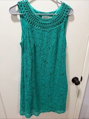 Eliza J Teal Lace Sleeveless Shift Dress with Crochet Yoke